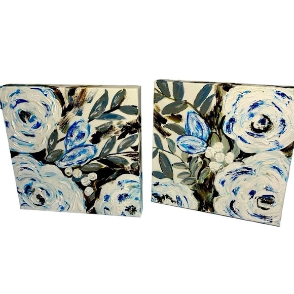 Original Acrylics On Canvas Pair Of Blooms 10 x 10” - Picture 1 of 16